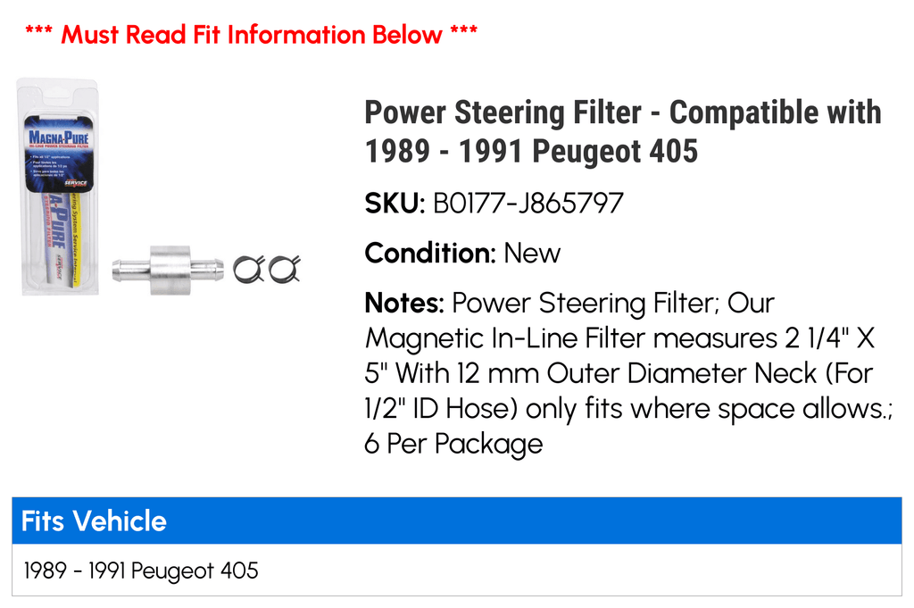 Power Sizeteering Filter - Compatible with 1989 - 1991 Peugeot 405 1990
