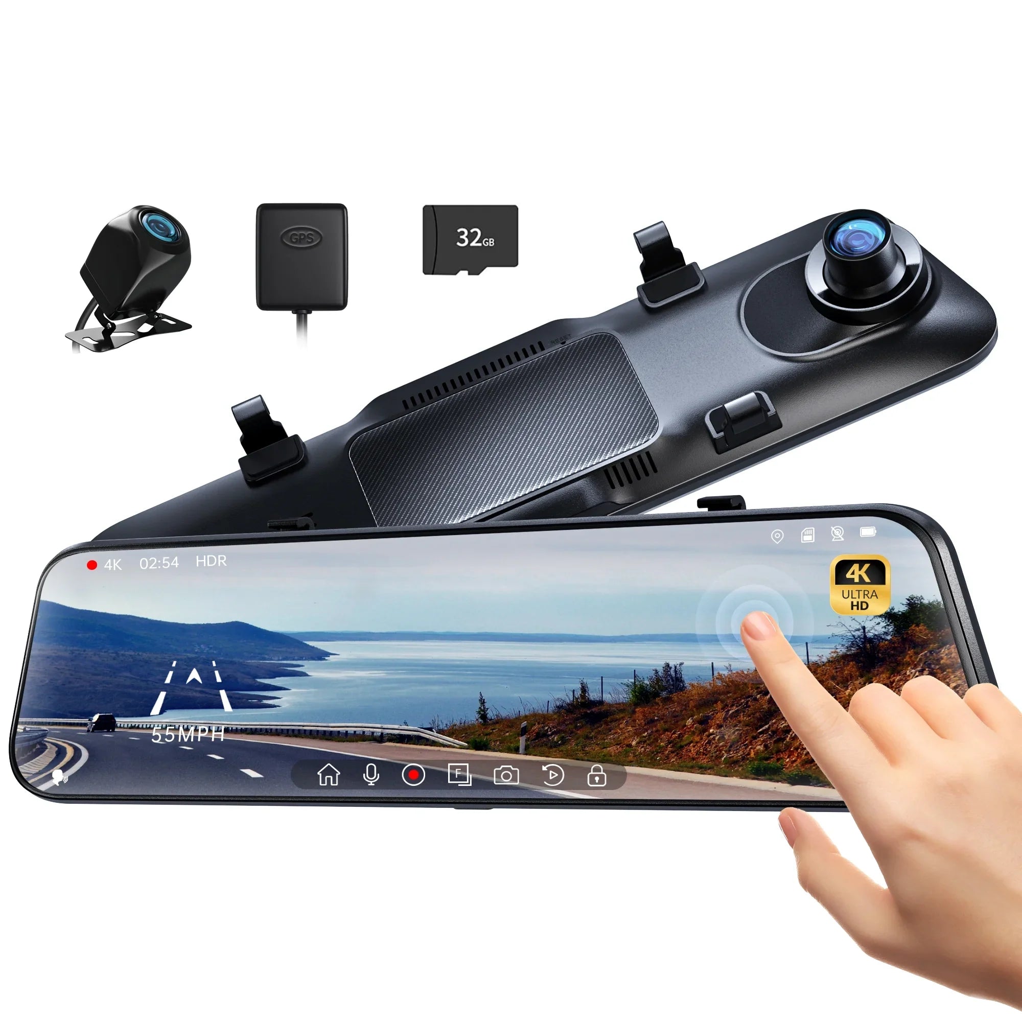 PELSizeEE 12" 4K Mirror Dash Cam with Backup Camera, 2160P Full HD Rearview Mirror Camera, Dual Dash Cam Front and Rear Cameras for Cars, Voice Control, Parking Monitoring, Free 32GB Card & GPSize