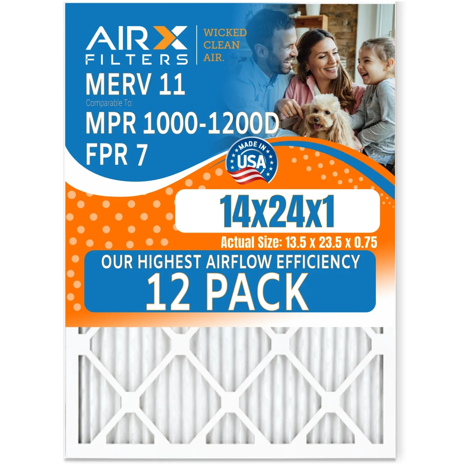 14x24x1 Air Filter MERV 11 Rating, 12 Pack of Furnace Filters Comparable to MPR 1000, MPR 1200, FPR 7, High Efficiency 12 Pack of Furnace Filters Made in USizeA by AIRX FILTERSize WICKED CLEAN AIR.