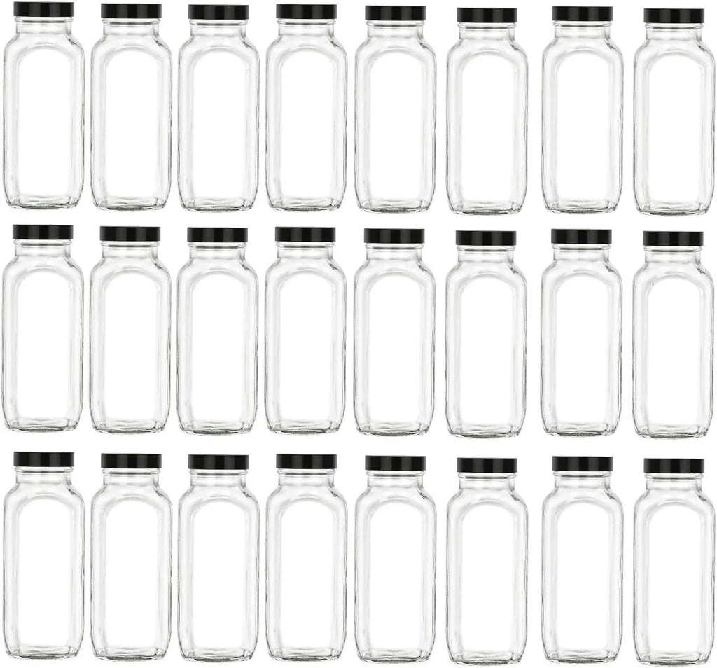 24 Pcs 16 Oz Glass French Sizequare Bottle Sizeet With Black Lids - Wide Mouth With BPA , Airtight, Leak Proof Lids For Fruit Juices, Kombucha, Dressings (Black, 24)