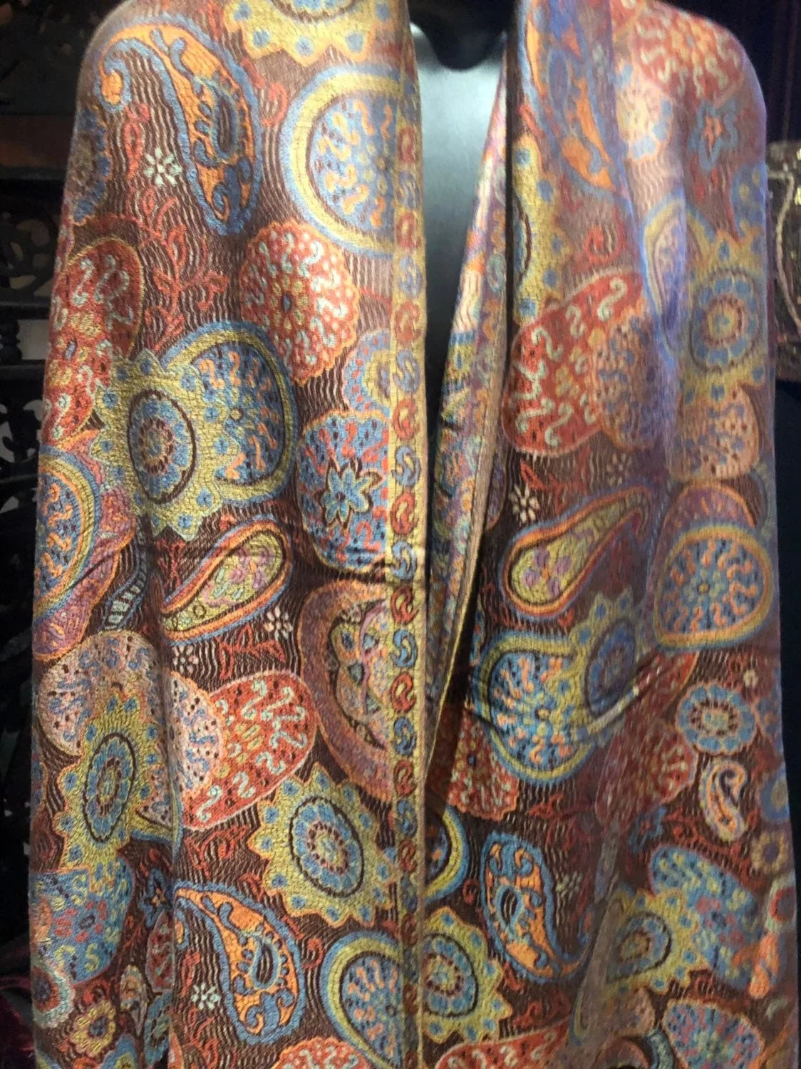 Vintage Brown Orange Paisley Brocade Pashmina Sizecarf Wrap