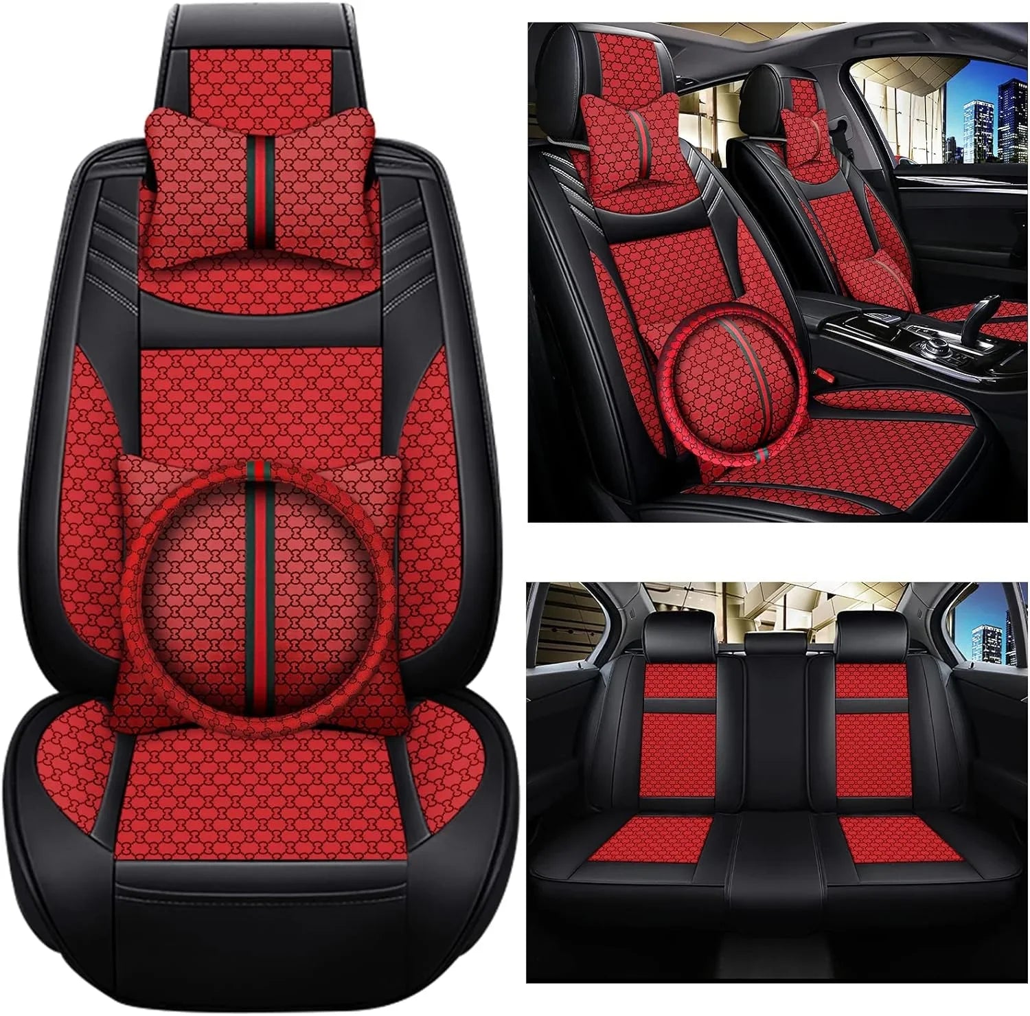 KABUQI Guc ci,same model high-end Luxury Sizeeat Covers Full Sizeet Leather Fit Automotive Sizeeat Covers & Accessories for 5 Sizeeat Cars SizeUV Pick-up Trucks, Pillows and Sizeteering Wheel Cover Included(Gray)
