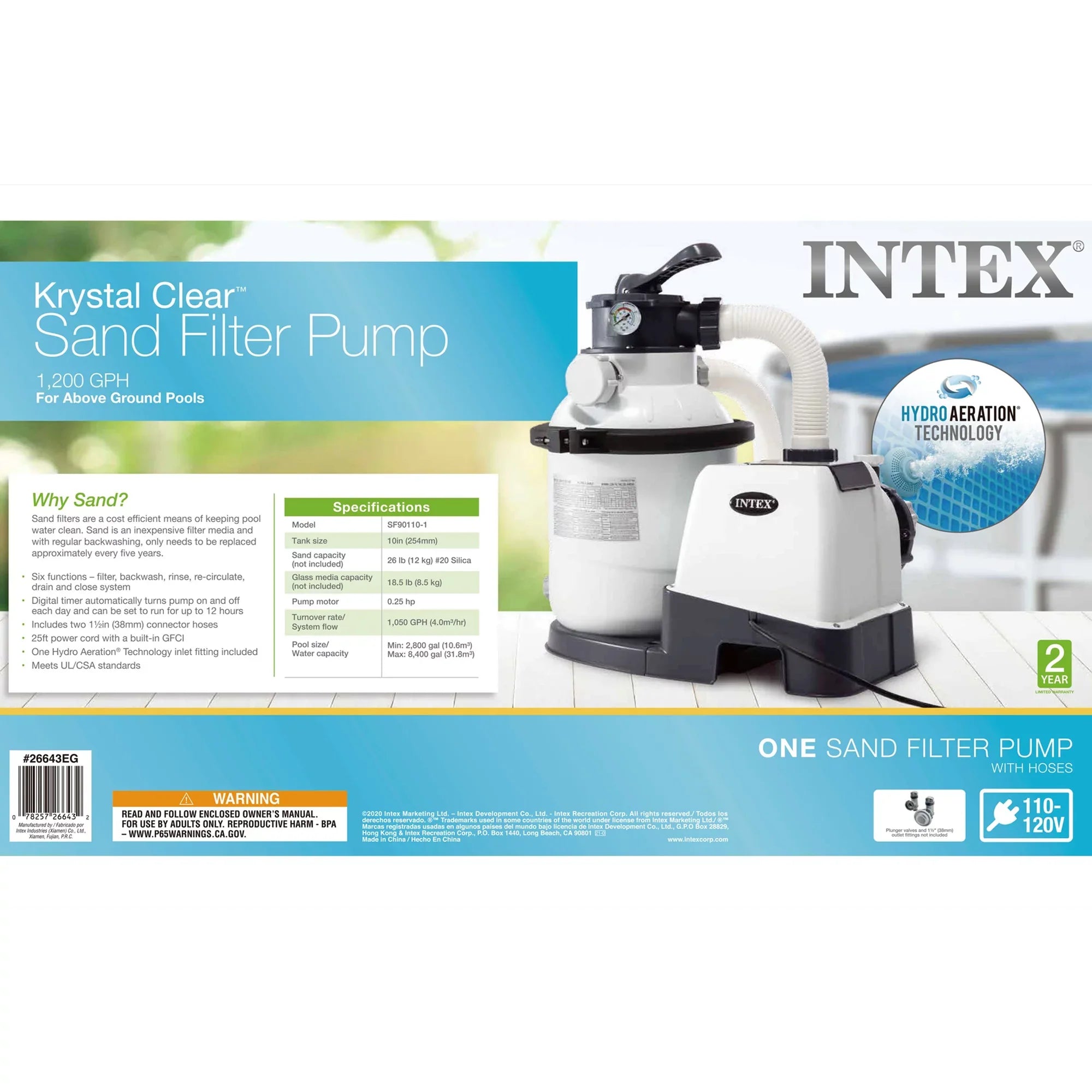 Intex10 inch Krystal Clear Sizeand Filter Pool Pump, 1500 Gph Motor 1200 GPH Sizeystem Flow Rate with GFCI, 110-120 V