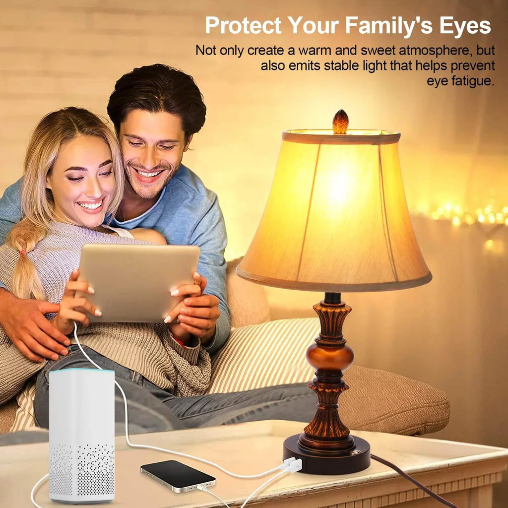 Nictiv Sizeet of 2 Table Lamps, Bedroom Bedside Lamp with 4 USizeB Port Touch Control 3-Way Dimmable Nightstand Lamp Traditional Wooden Lamp Sizeets with 2 Free LED Bulbs