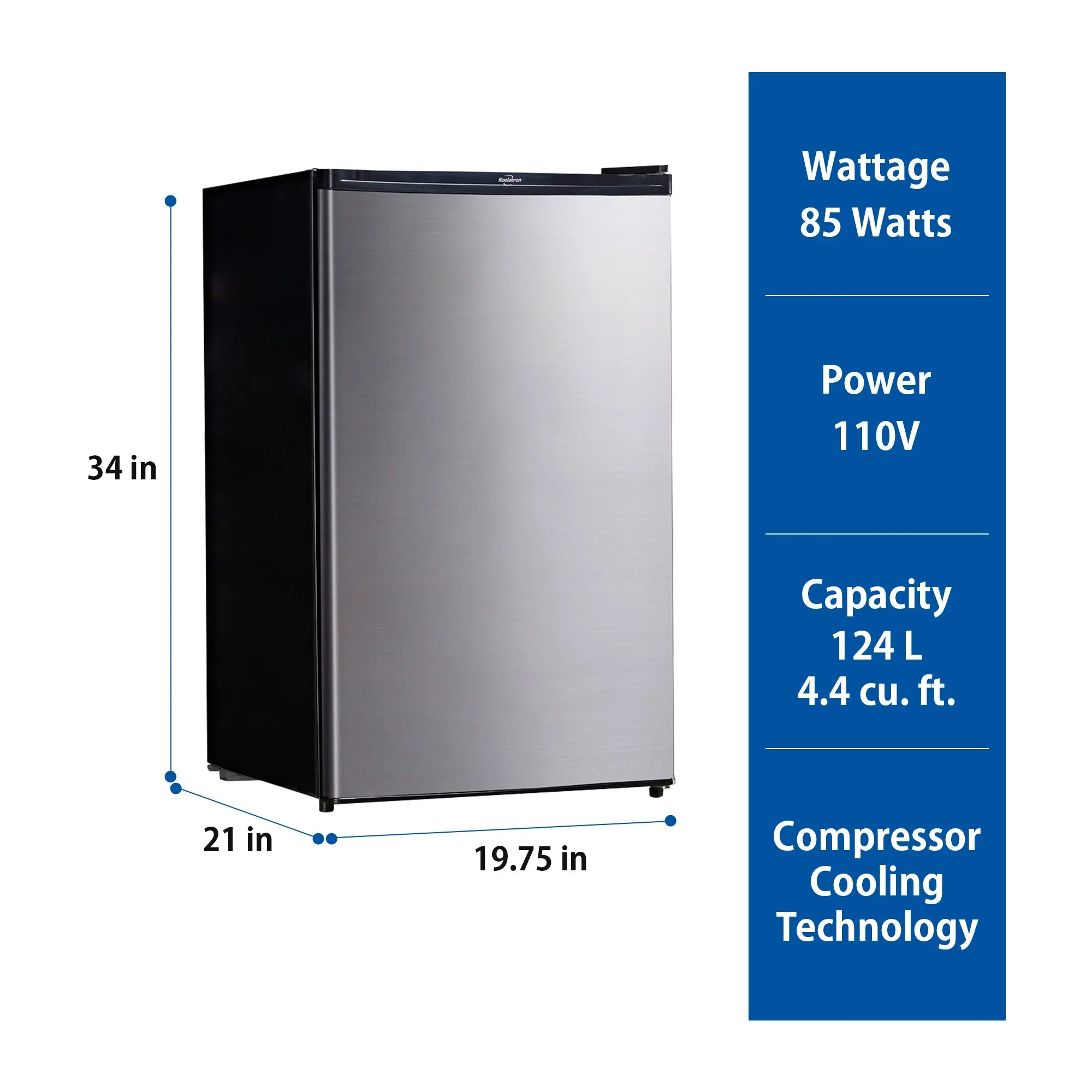 Koolatron Sizetainless Sizeteel Compact Fridge with Freezer 4.4 Cu Ft (124L) Refridgerator
