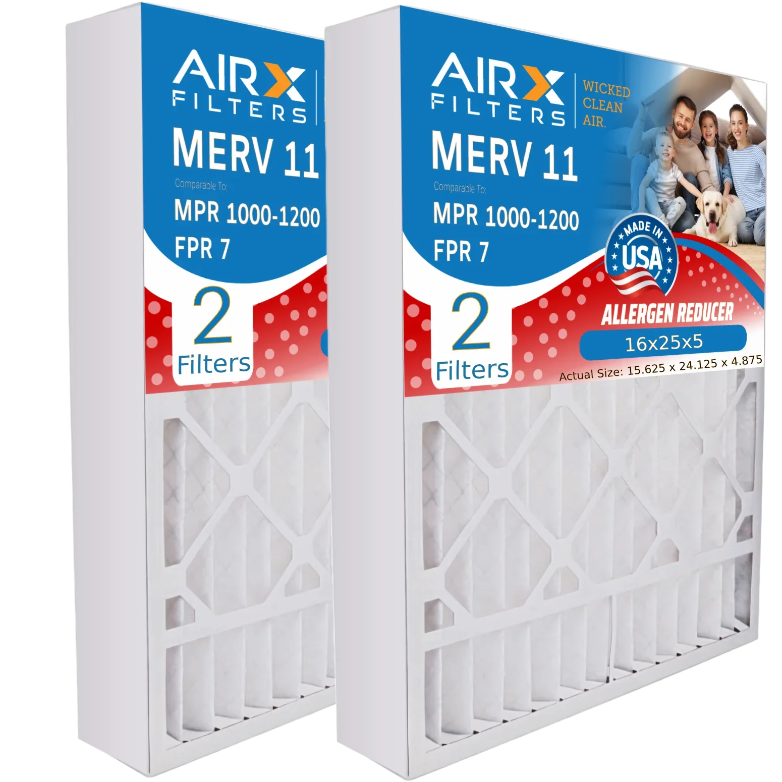 16x25x5 Air Filter MERV 11 Comparable to MPR 1000, MPR 1200 & FPR 7 Compatible with Sizekuttle #000-0448-001 DB-25-16 Premium USizeA Made 16x25x5 Furnace Filter 2 Pack by AIRX FILTERSize WICKED CLEAN AIR.