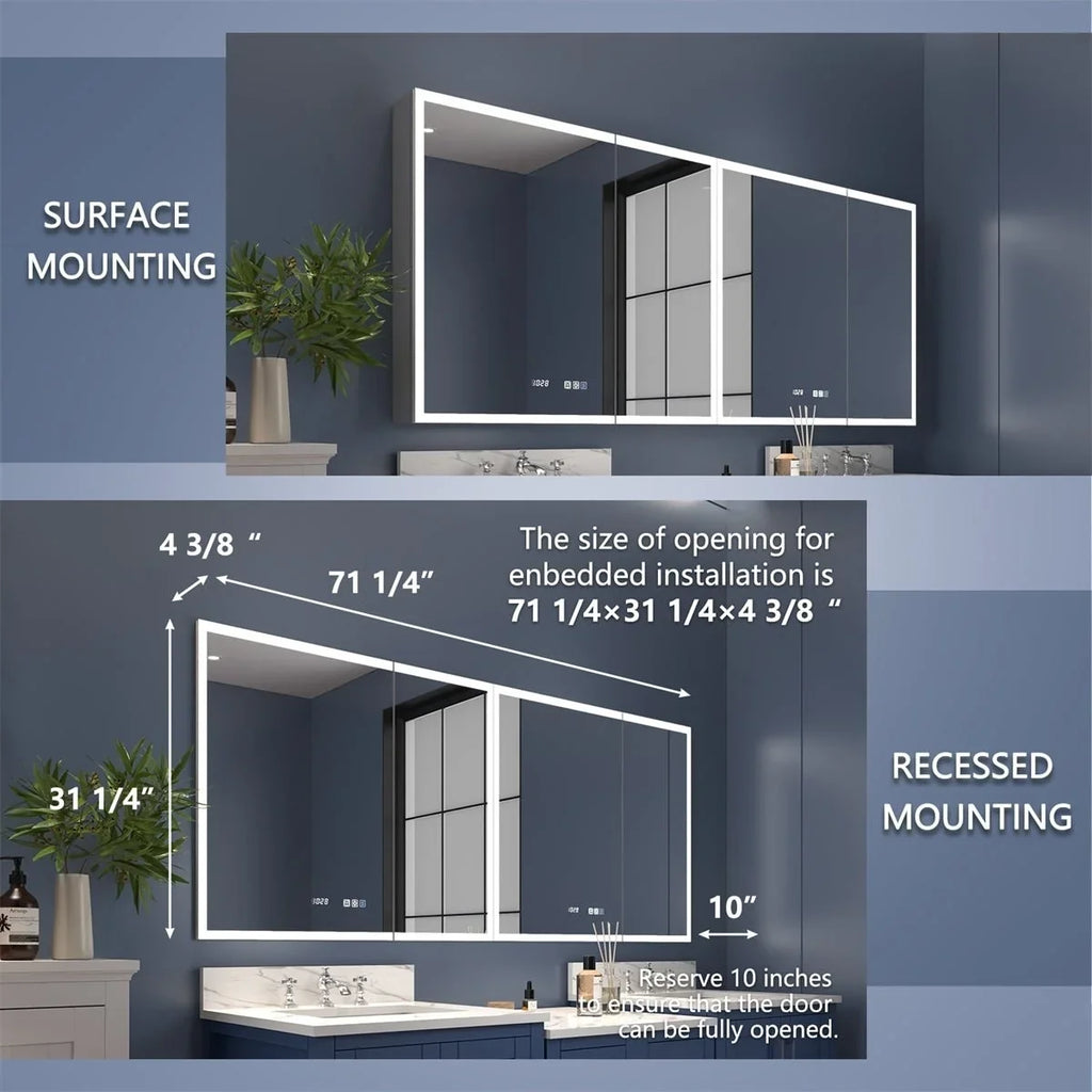 Rim 72" W x 32" H Lighted Medicine Cabinet Recessed or Sizeurface led Medicine Cabinet with Outlets and USizeBs