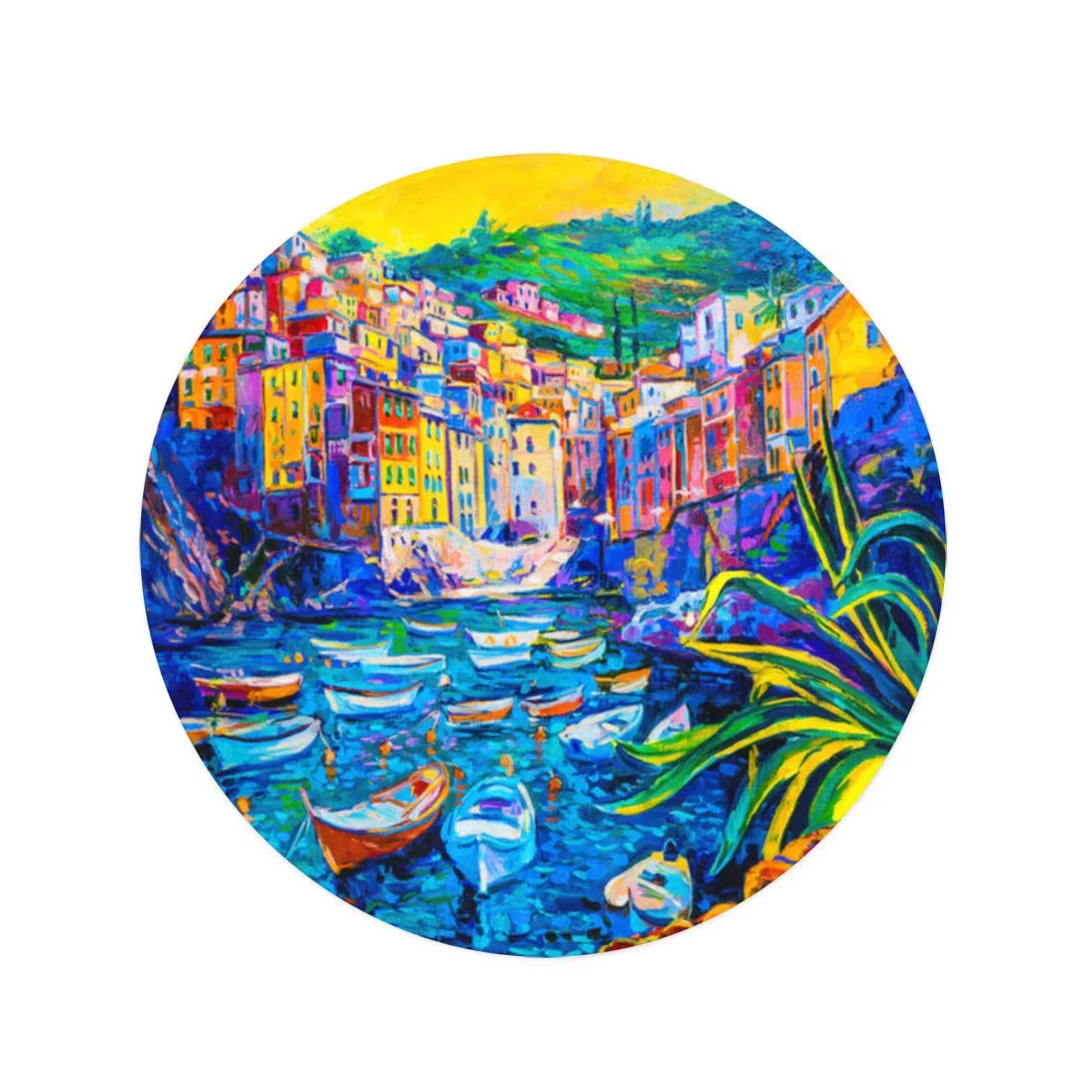 SizeIDONKU 60 inch Round Beach Towel Blanket Original Oil Painting on Canvas Boats and Old Town Travel Circle Circular Towels Mat Tapestry Beach Throw