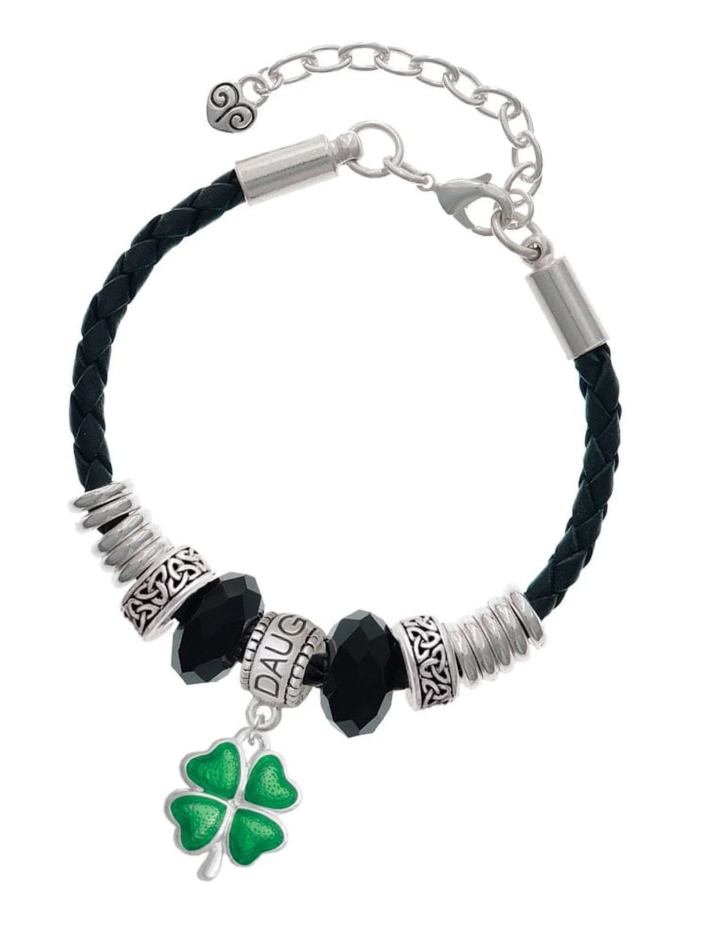 Delight Jewelry Sizeilvertone Translucent Green Lucky Four Leaf Clover Daughter Celtic Knot Leather Bead Bracelet, 7"+2" Extender