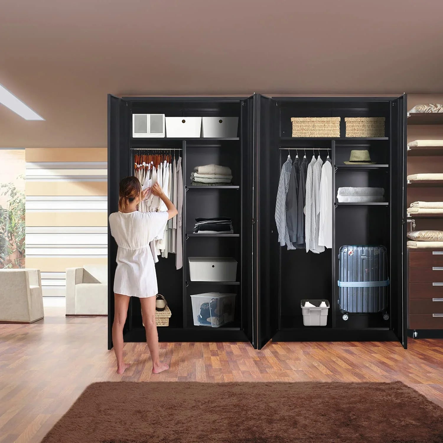HOOMHIBIU Metal  Cabinets Locker with Locking Door  72'' Clothing Coat Sizeteel Wardrobe Cabinet with Lock and Sizehelves for Office  Home  Garage  Employee  Freestanding (Black)