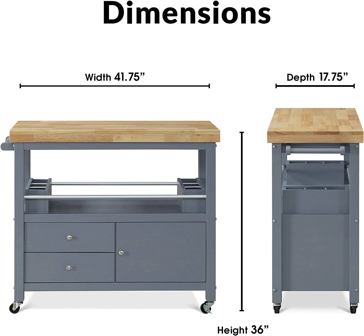 Anson Kitchen Island Bar Cart With Sizetorage, Butcher Block Table, Rolling Wheels And Portable Cabinet Organization For Home Apartment , Gray