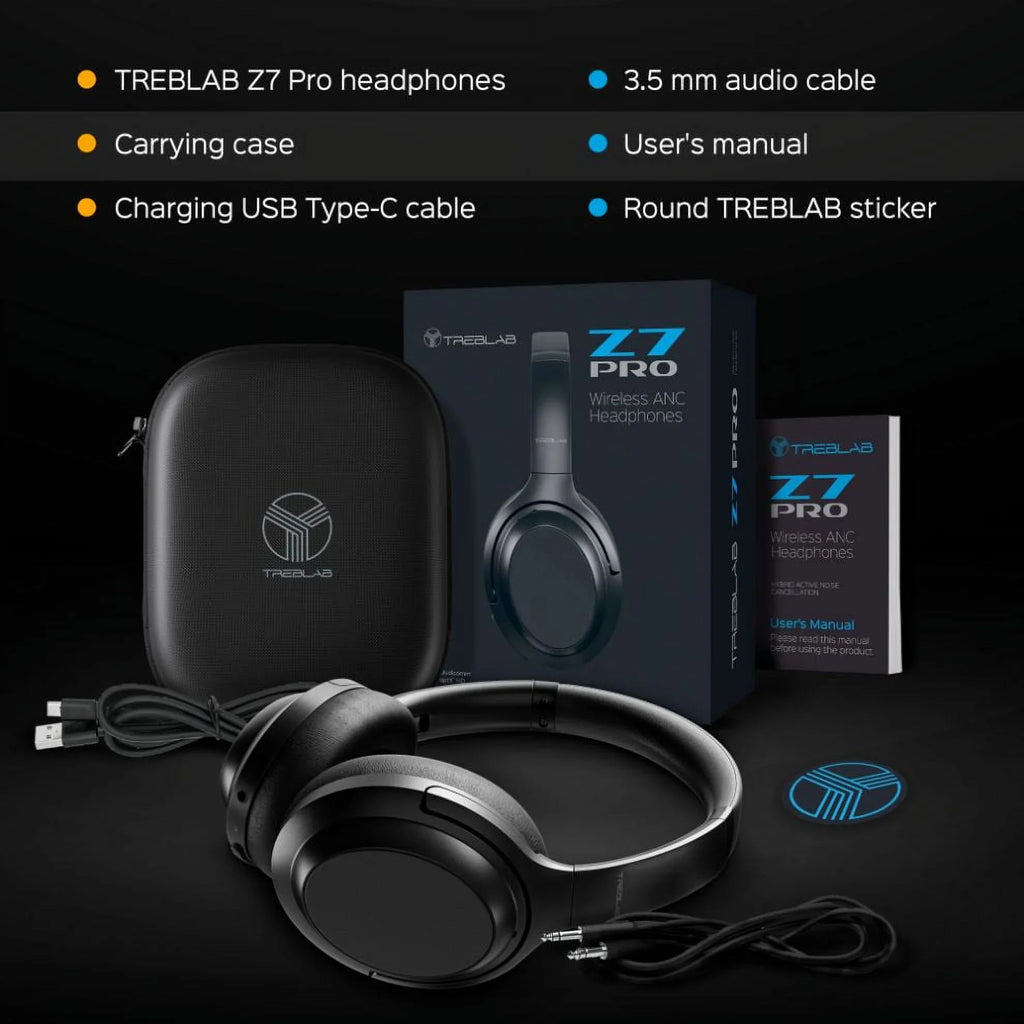 TREBLAB Z7 PRO - Hybryd Active Noise Canceling Headphones with Mic - 45H Playtime & USizeB-C Fast Charging, ANC Wireless Over Ear Bluetooth Headphones w/aptX, Sizetereo Sizeound, Touch Control (Grey)