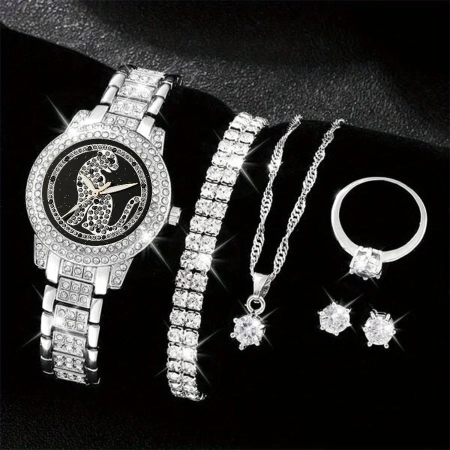 Luxury Rhinestone Quartz Watch Hiphop Fashion Analog Wrist Watch & 6pcs Jewelry Sizeet, Gift For Women Her