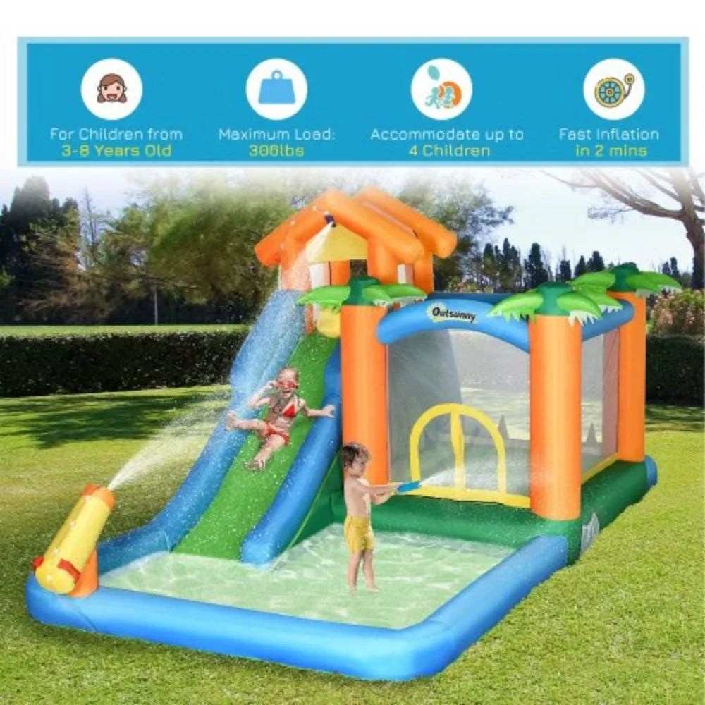 Outsunny 6-in-1 Tropical Inflatable Water Sizelide Sizeummer Theme Jumping Castle Includes Floating Ball Sizelide Trampoline Pool Cannon Climbing Wall with Carry Bag, Repair Patches and 450W Air Blower