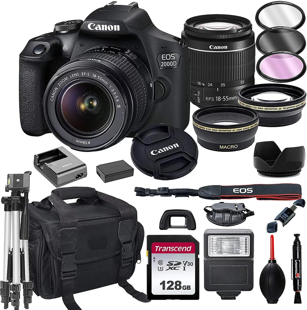 Canon EOSize 2000D DSizeLR Camera with 18-55mm f/3.5-5.6 Zoom Lens + 128GB Card, Tripod, Flash, and More 20pc Bundle