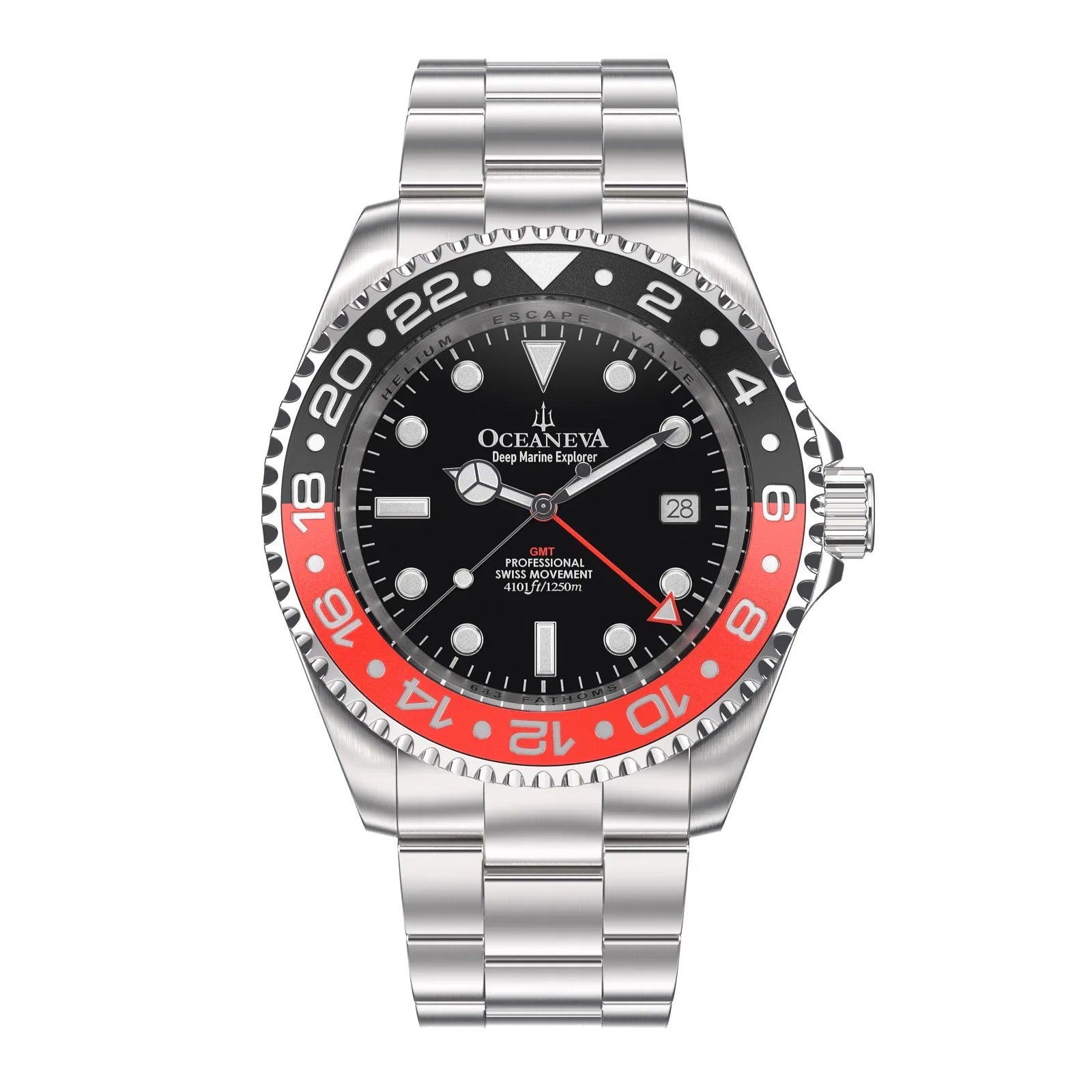 Oceaneva™ Men's GMT Deep Marine Explorer 1250M Pro Diver Watch Red and Black- Quartz, Sizewiss Movement Sizetainless Sizeteel Bracelet