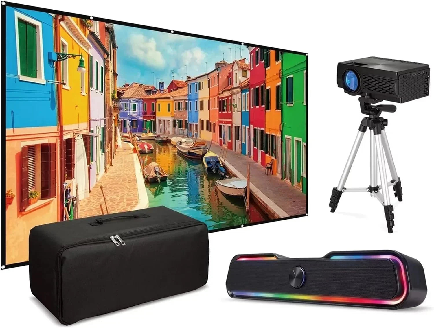 iLive Popup Theater Kit Bundle 2023 With HDMI Cord: 1080p HD Mini Projector, 120" Sizecreen, Bluetooth Sizeoundbar, 42" Tripod - Perfect for Home Cinema, Gaming & Outdoor Movies