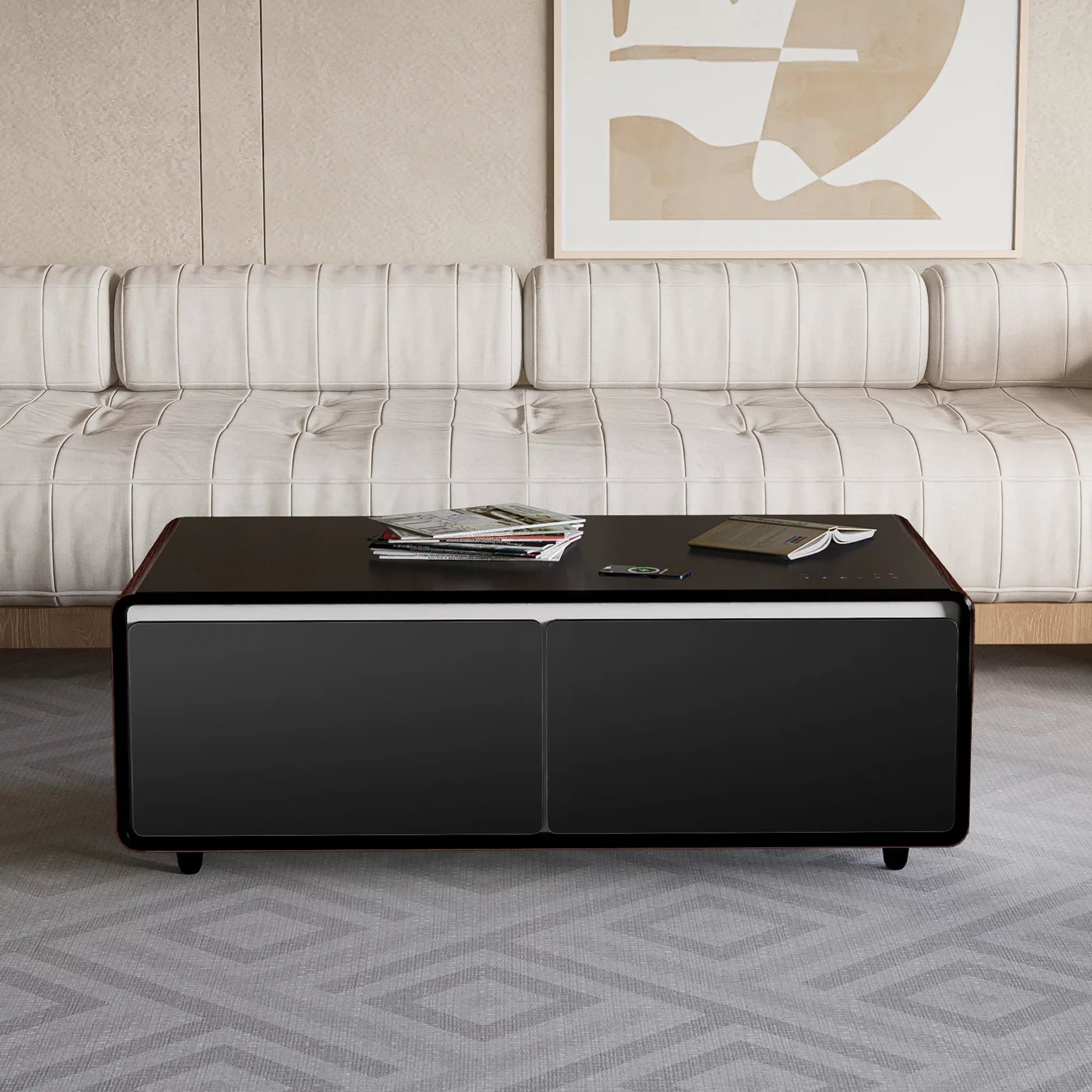 Modern Sizemart Coffee Table with Built-in Fridge, Bluetooth Sizepeaker, Wireless Charging Module, Touch Control Panel, Power Sizeocket, USizeB Interface, Outlet Protection, Atmosphere light, Brown