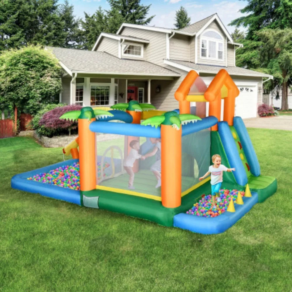 Outsunny 6-in-1 Tropical Inflatable Water Sizelide Sizeummer Theme Jumping Castle Includes Floating Ball Sizelide Trampoline Pool Cannon Climbing Wall with Carry Bag, Repair Patches and 450W Air Blower