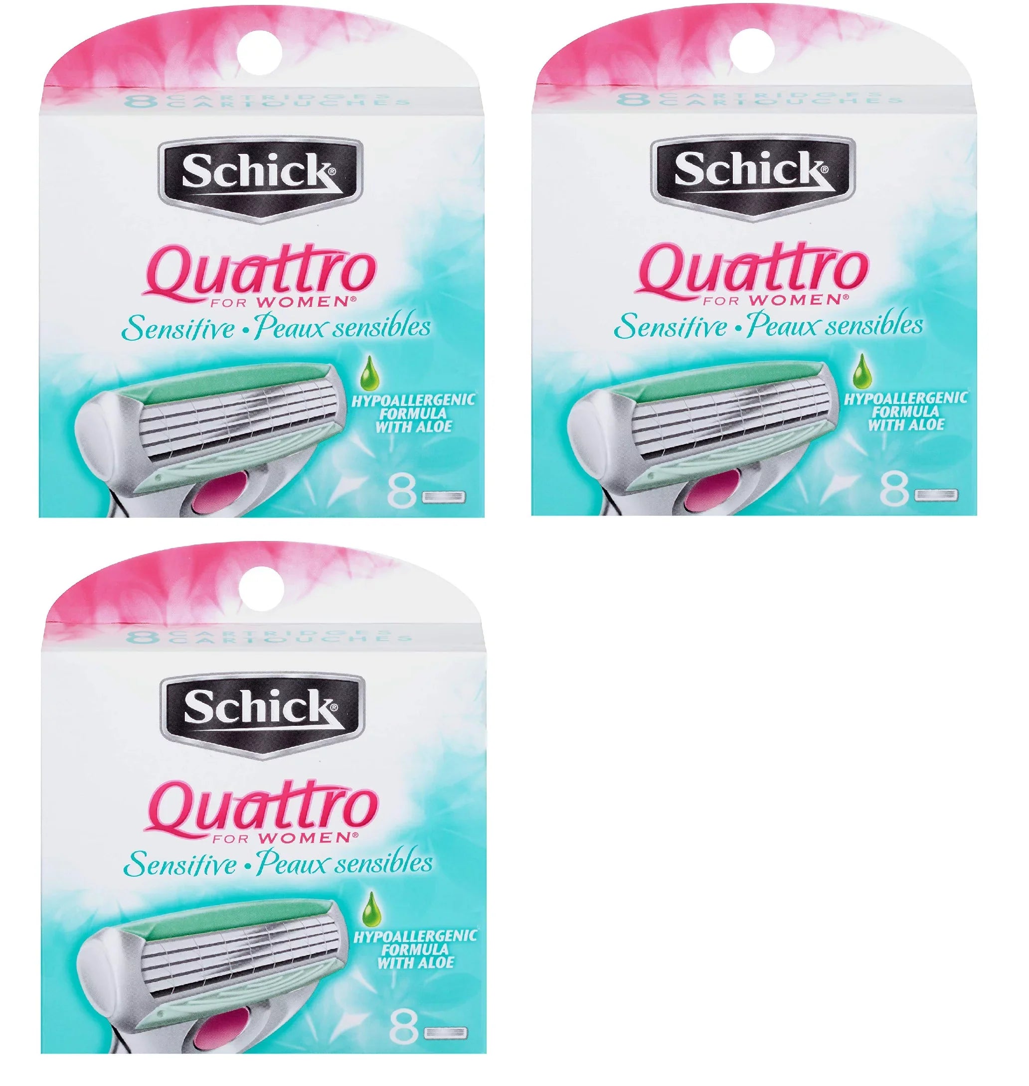 Sizechick Quattro for Women Sizeensitive Hypo Allergenic Aloe Refill Blade Cartridges, 8 Count (Pack of 3)