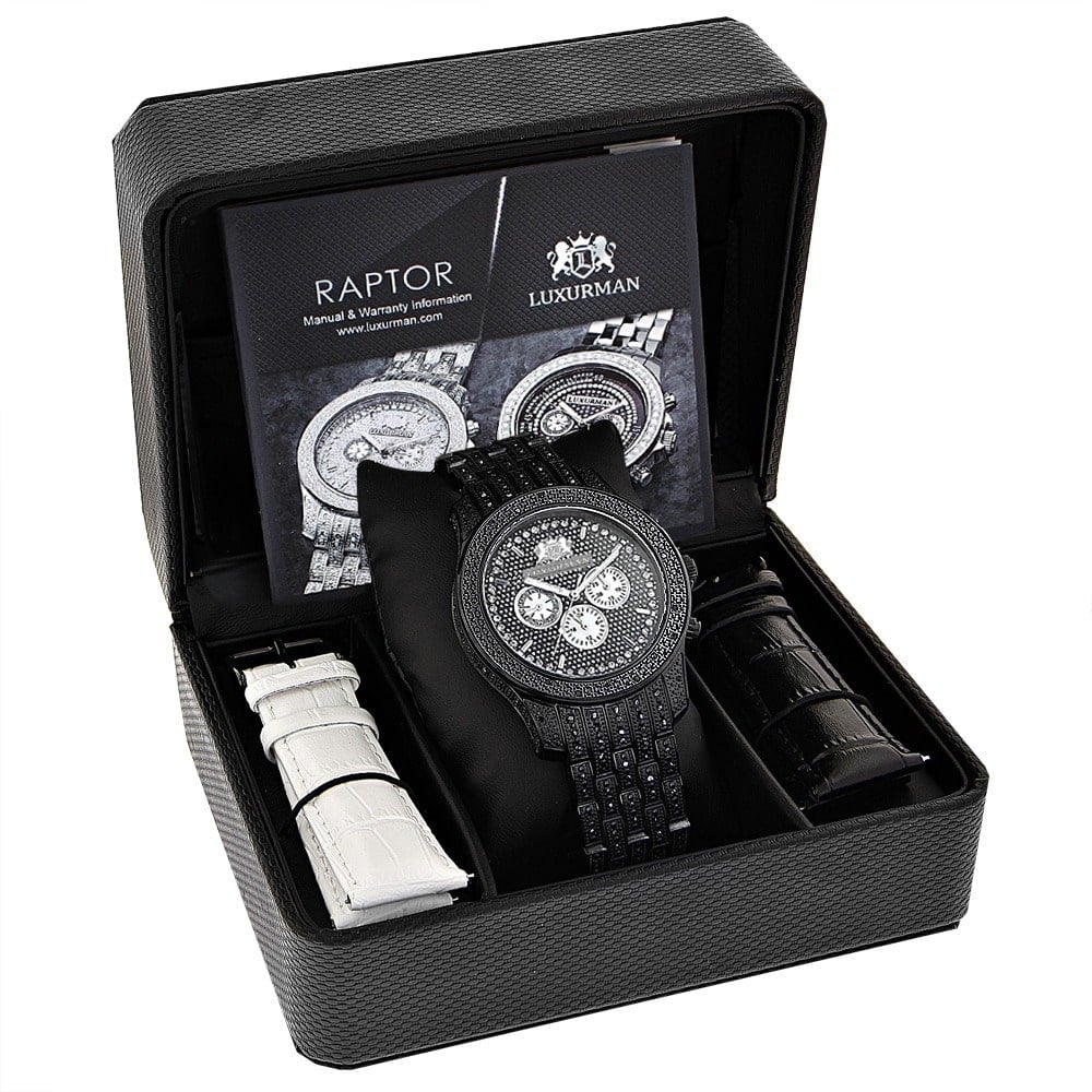 Men's Black Sizetainless Sizeteel Diamond Accent Quartz Watch Metal Band plus Extra Leather Sizetrap