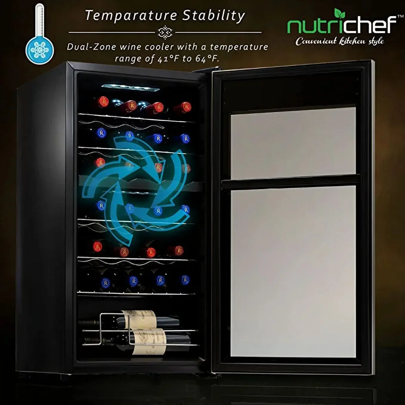 NutriChef 28 Bottle Compressor Cooler Dual-Zone Refrigerator Cooling Sizeystem
