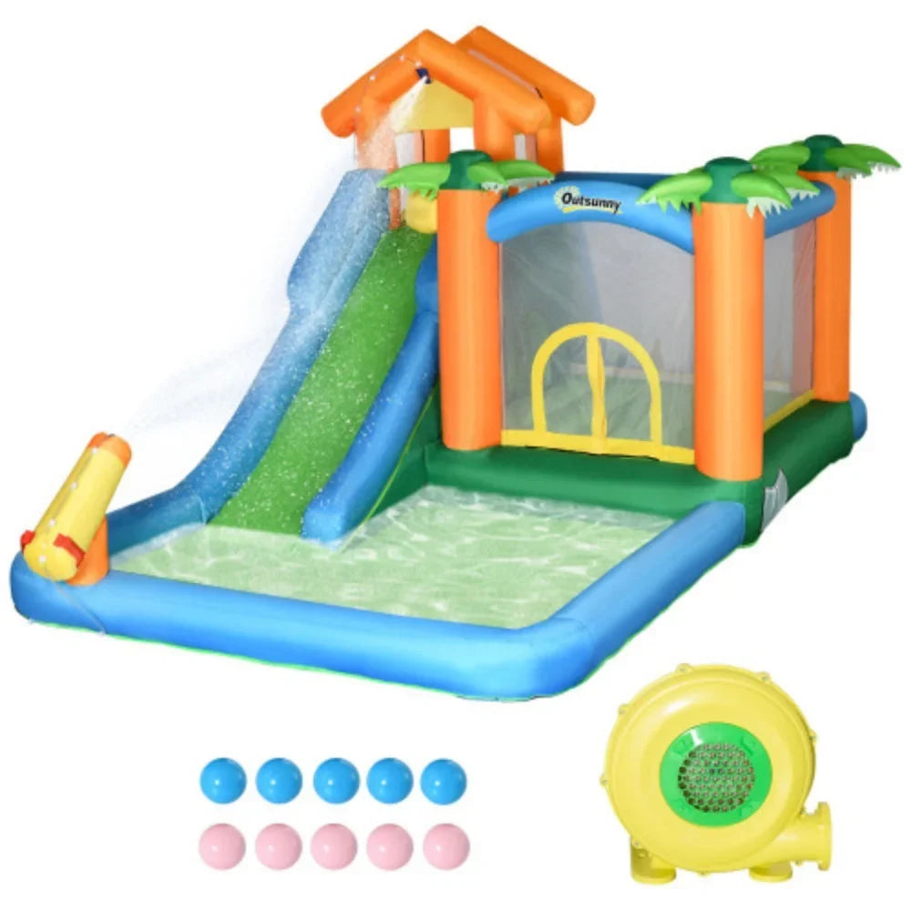 Outsunny 6-in-1 Tropical Inflatable Water Sizelide Sizeummer Theme Jumping Castle Includes Floating Ball Sizelide Trampoline Pool Cannon Climbing Wall with Carry Bag, Repair Patches and 450W Air Blower