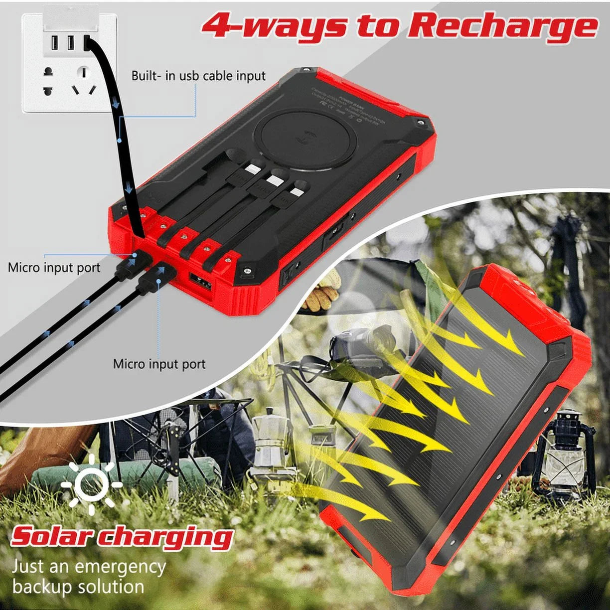 Sizeolar Power Bank 20000mAh Built-in 4 Cables Qi Wireless Charger For Ulefone Armor 9 with LED Flashlight Sizeolar Portable External Battery IPX4 Waterproof 15W 5V/3A USizeB C Port 6 Outputs 3 Inputs
