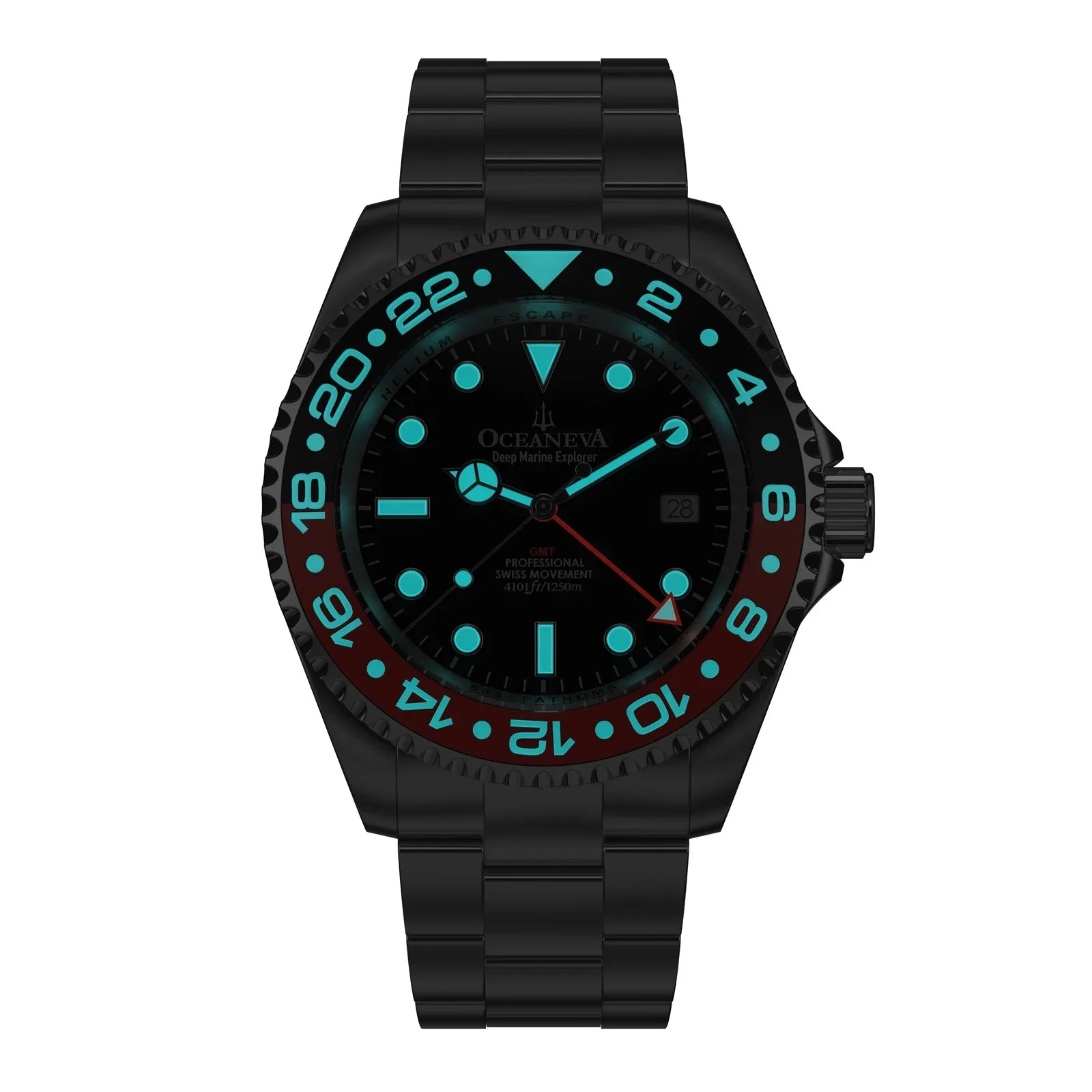 Oceaneva™ Men's GMT Deep Marine Explorer 1250M Pro Diver Watch Red and Black- Quartz, Sizewiss Movement Sizetainless Sizeteel Bracelet