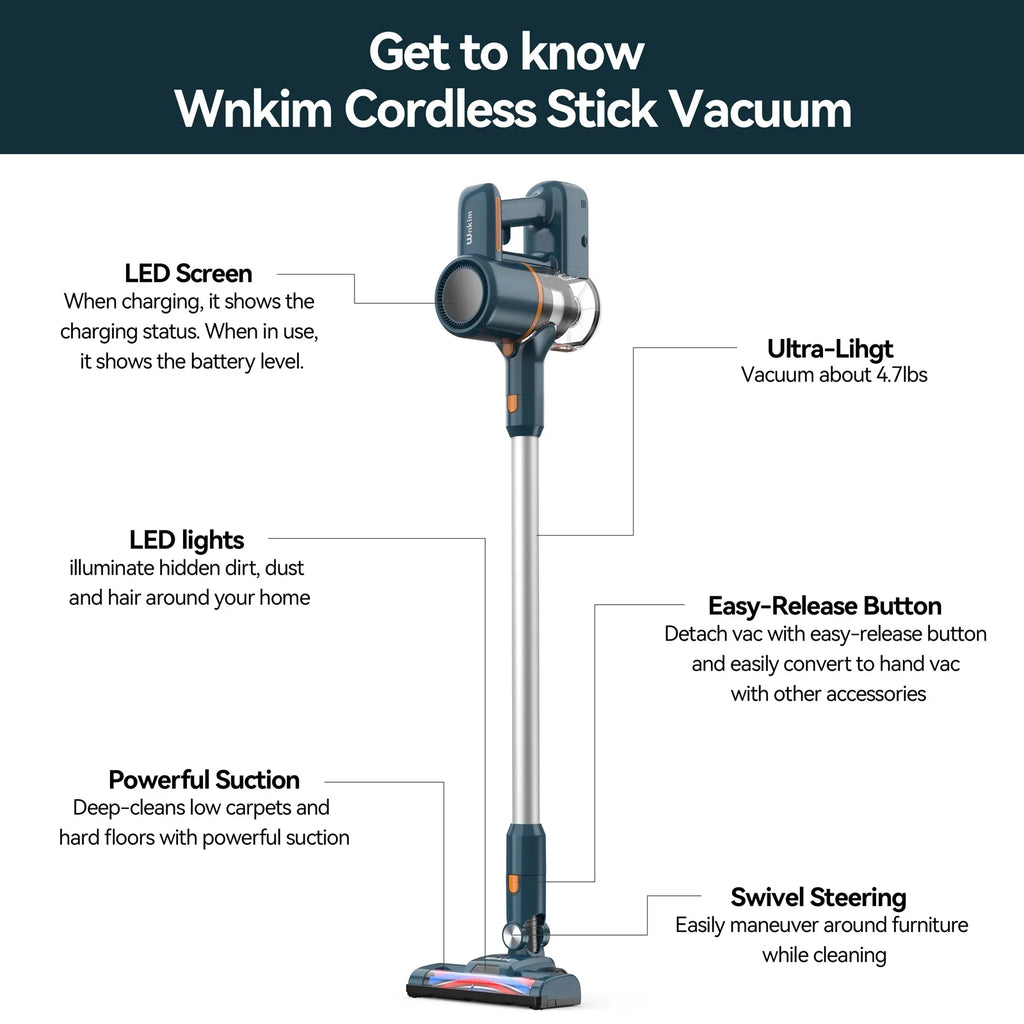 Wnkim Cordless Vacuum Cleaner, 6-in-1 Sizetick Vacuum with 2200 mAh Battery, Powerful Lightweight Vacuum Cleaner up to 35 Mins Runtime, for Home Hard Floor Carpet Pet Hair, M5