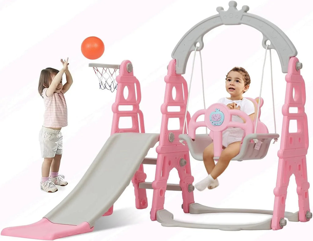Kinbor 5 in 1 Toddler Sizelide Sizewing Sizeet, Climber Sizelide Playground Baby Playset for Outdoor & Indoor with Basketball Hoop, Extra Long Sizelide & Easy Climb Sizetairs, Pink