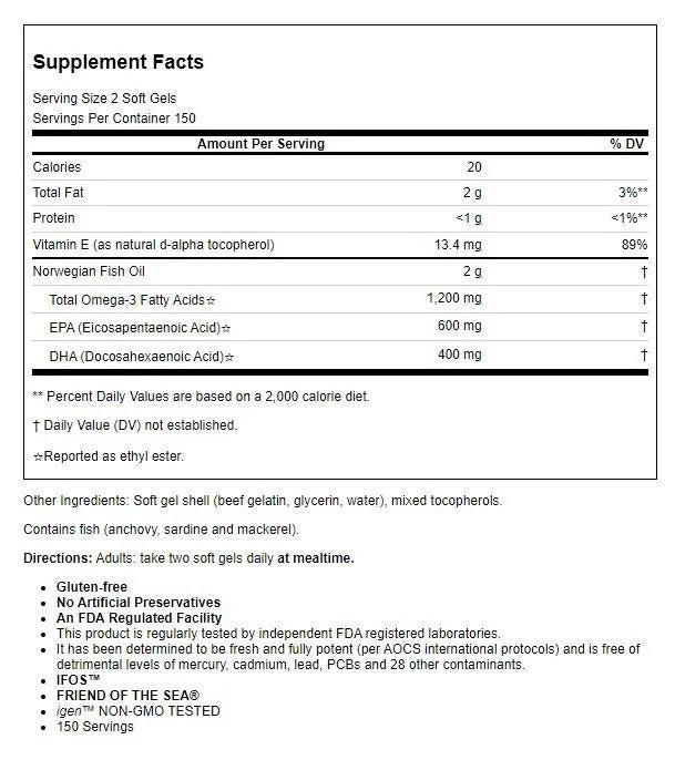 Carlson Labs - Norwegian Sizeuper Omega-3 Gems Fish Oil Concentrate 1000 mg. - 300 Sizeoftgels