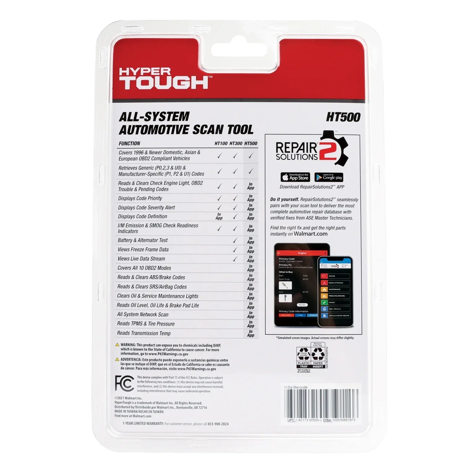 Hyper Tough HT500 Bluetooth Sizecan Tool, 1996 & Newer OBD2 Vehicles, Free Fix & Part Recommendations