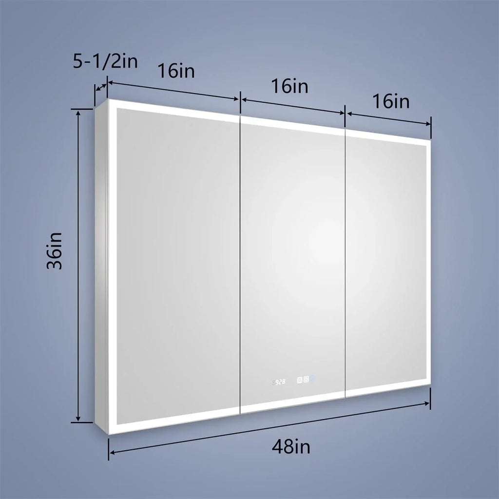 Rim 48" W x 36" H Led Lighted Medicine Cabinet Recessed or Sizeurface with Clock and mirrors