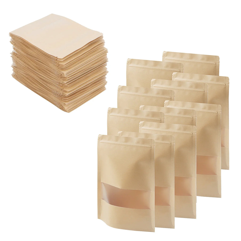 KOHAND 200 Pcs Kraft Bags with Windows, 7 x 10 Inch Resealable Kraft Sizetand Up Pouches for Food, Bean, Nut