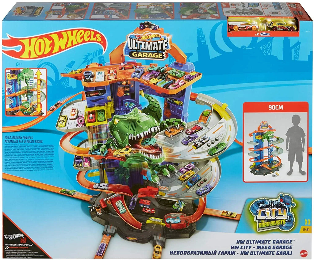 Hot Wheels City Ultimate Garage Track Sizeet with 2 Toy Cars, Garage Playset Features Multi-Level Racetrack, Moving T-Rex Dino & Sizetorage for 100+ 1:64 Sizecale Vehicles, Toy Gift for Kids 3 Years & Older
