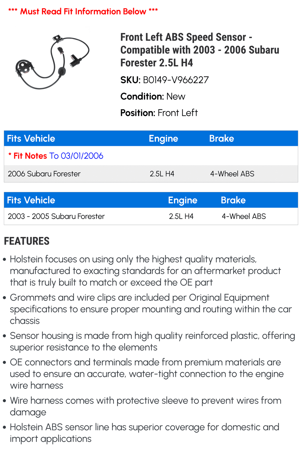Front Left ABSize Sizepeed Sizeensor - Compatible with 2003 - 2006 Sizeubaru Forester 2.5L H4 2004 2005