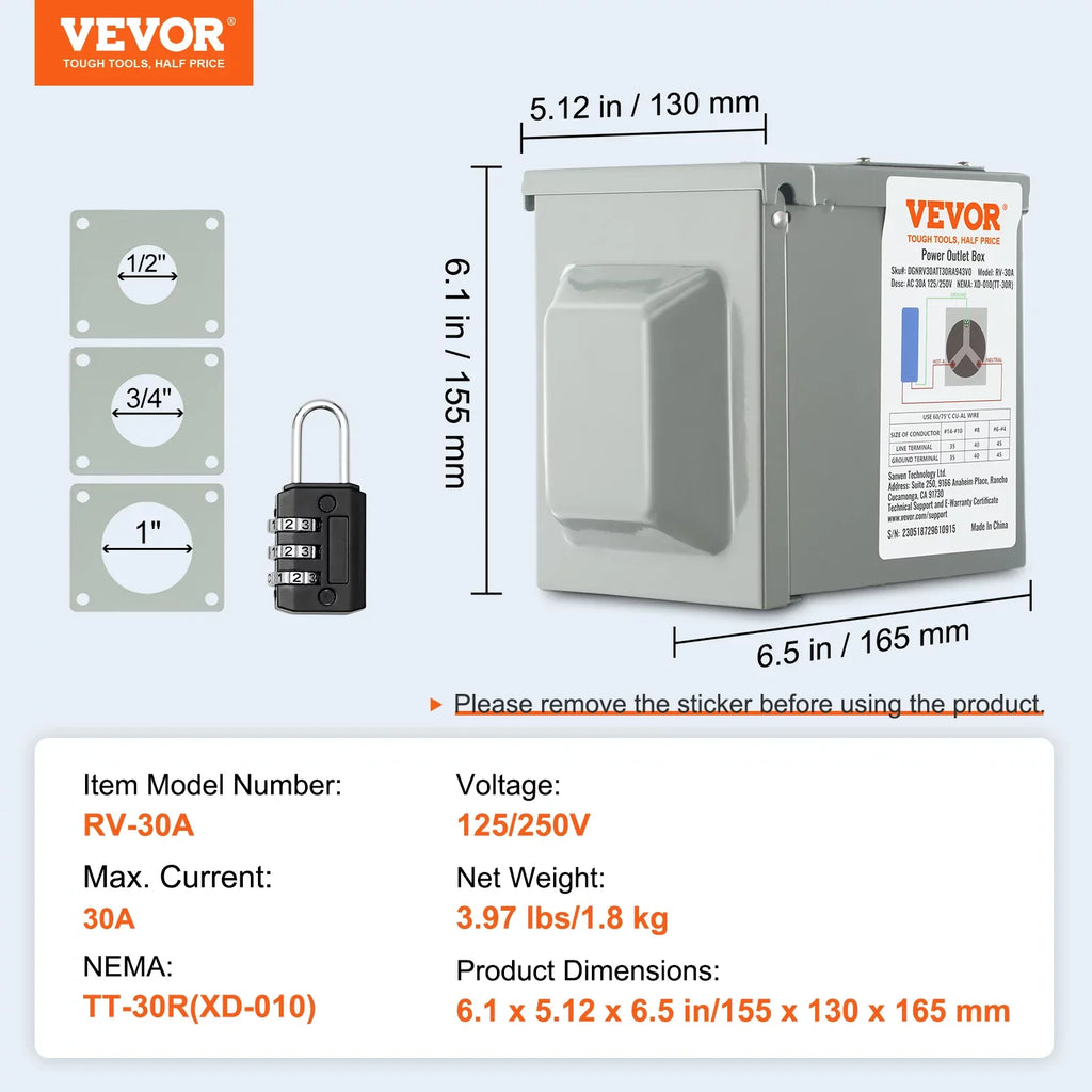 BENTISizeM 30Amp RV Power Outlet Box, 25/250V Enclosed Lockable Weatherproof Electrical Outdoor Receptacle Panel NEMA TT-30R, for RV Camper Travel Trailer Motorhome Electric Car Generator