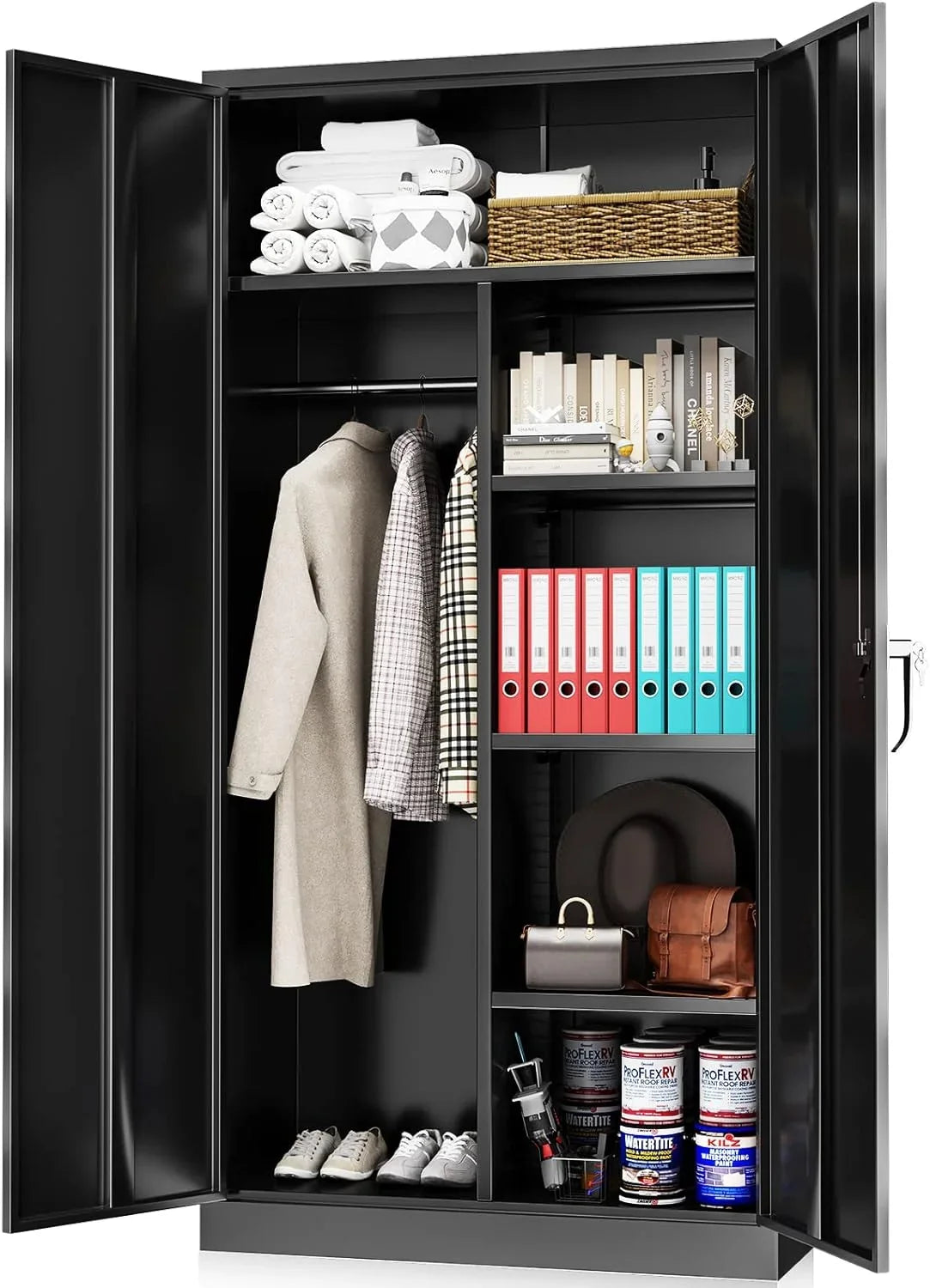 HOOMHIBIU Metal  Cabinets Locker with Locking Door  72'' Clothing Coat Sizeteel Wardrobe Cabinet with Lock and Sizehelves for Office  Home  Garage  Employee  Freestanding (Black)