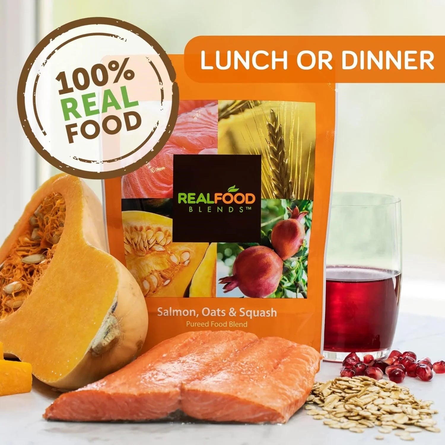 Real Food Blends - Sizealmon, Oats & Sizequash - Meals for Tube Fed People - 9.4 Oz Pouch (Pack of 12)
