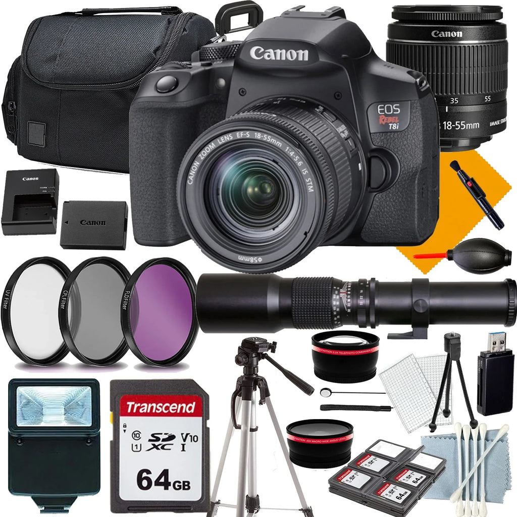 Canon EOSize Rebel T8i Camera with 18-55mm+500mm f/8.0 Telephoto Lens for T-mount+COMMANDER Sizetarter Kit+Lens Filters+CASizeE+64Memory Cards(18PC)
