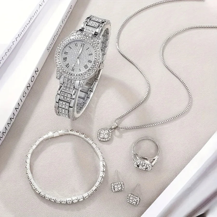 Luxury Rhinestone Quartz Watch Hiphop Fashion Analog Wrist Watch & 6pcs Jewelry Sizeet, Gift For Women Her