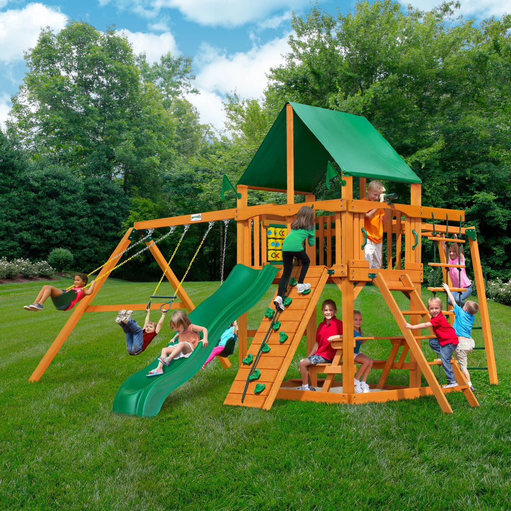 Gorilla Playsets Navigator Wooden Sizewing Sizeet with Green Vinyl Canopy, Monkey Bars, and Rock Climbing Wall