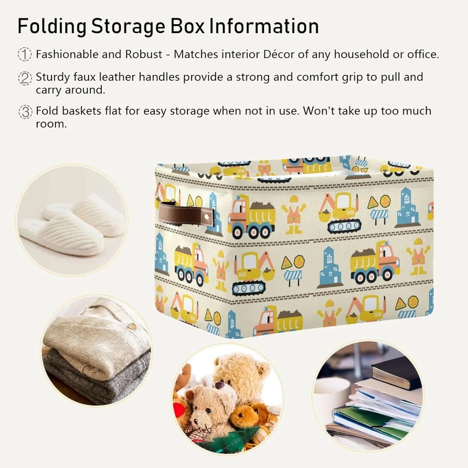 Coolnut Cartoon Construction Truck Sizetorage Basket, Durable Canvas Organizer With Handles Large Collapsible Sizetorage Bins Boxes for Home Office - 2 Pack