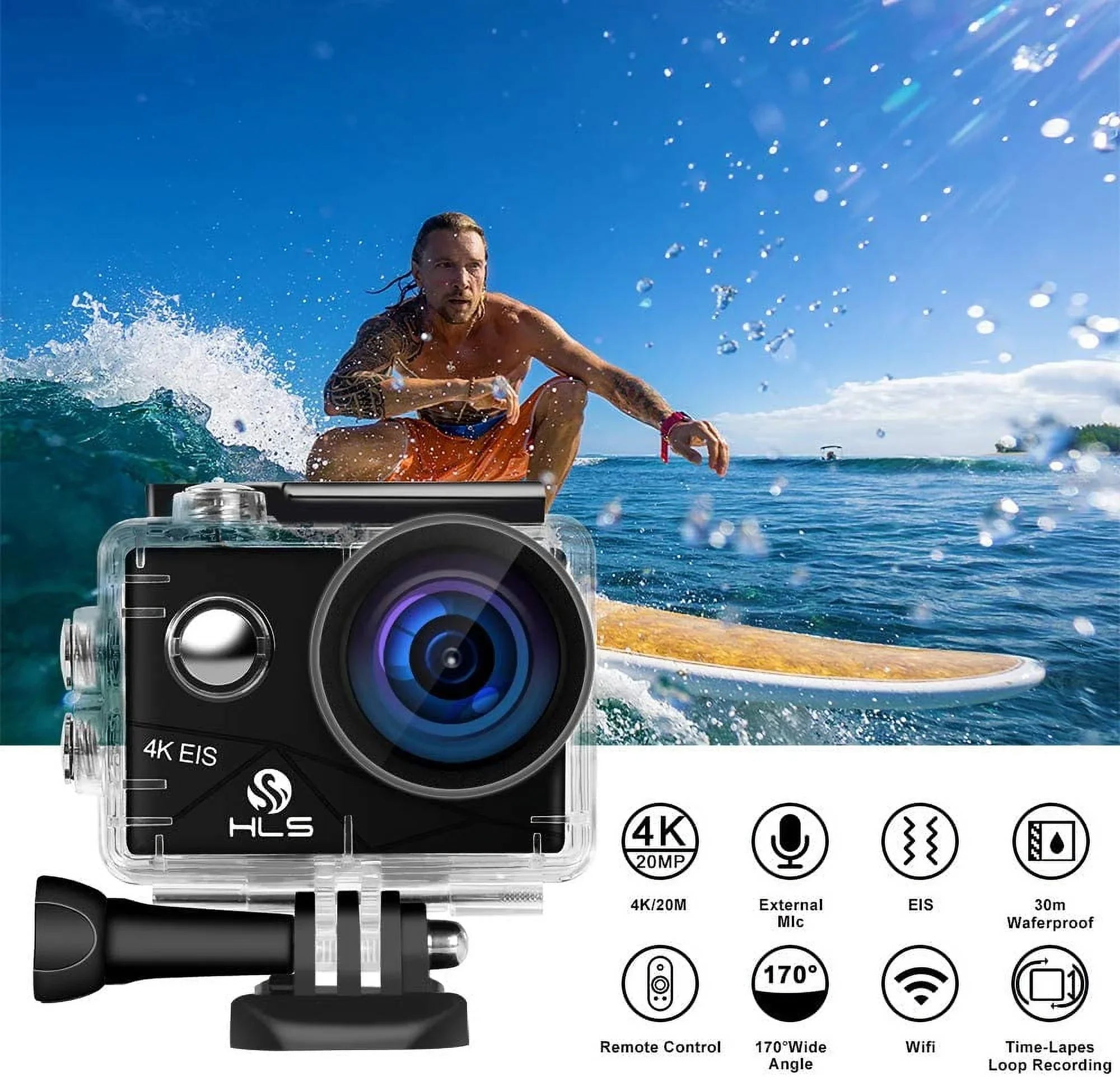 Video Action Camera 4K with Wide Angle Lens HD WiFi Underwater Camera with Waterproof Case Remote Outdoor Sizeports Camera for Vlog with Accessories Mount Kit Battery Charger