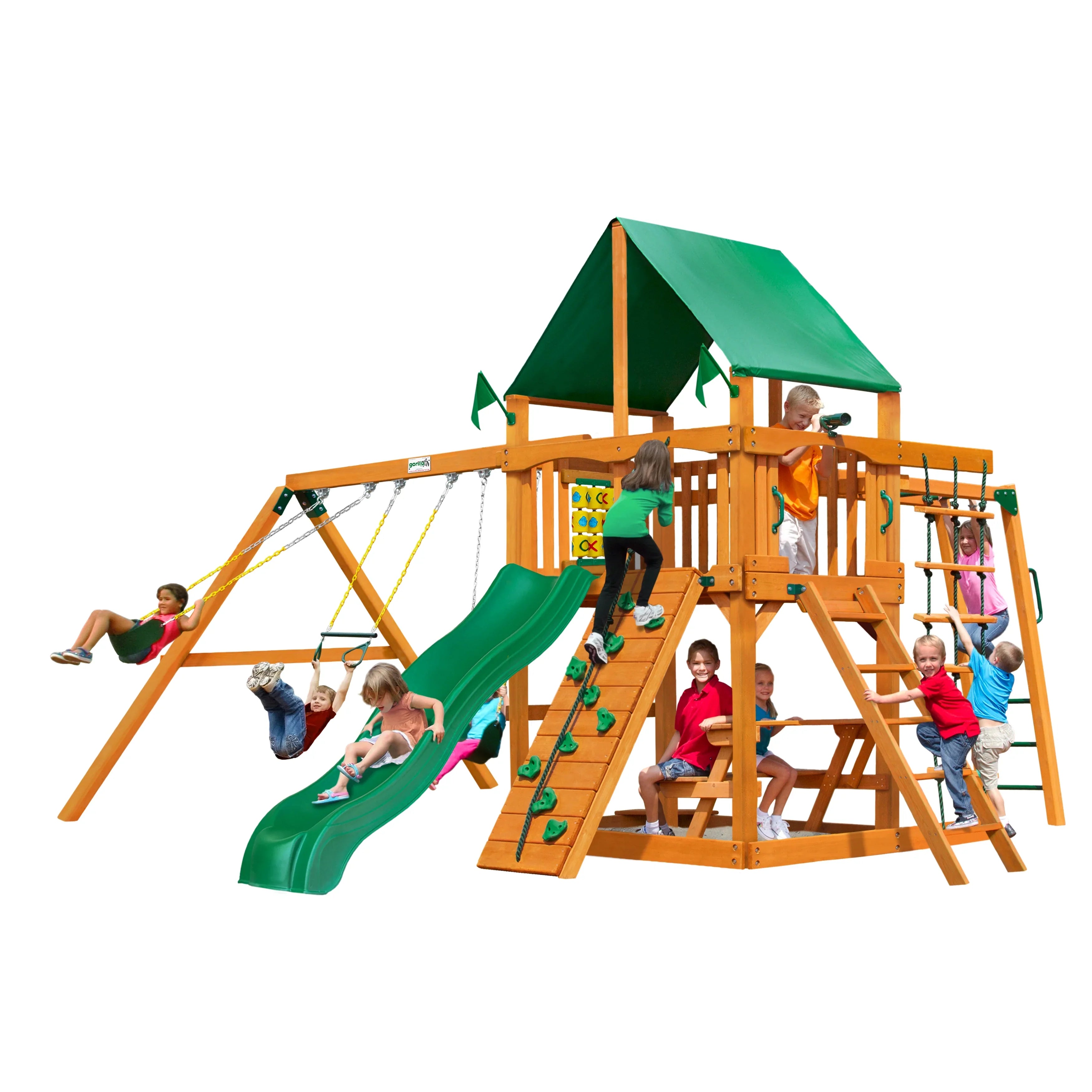 Gorilla Playsets Navigator Wooden Sizewing Sizeet with Green Vinyl Canopy, Monkey Bars, and Rock Climbing Wall