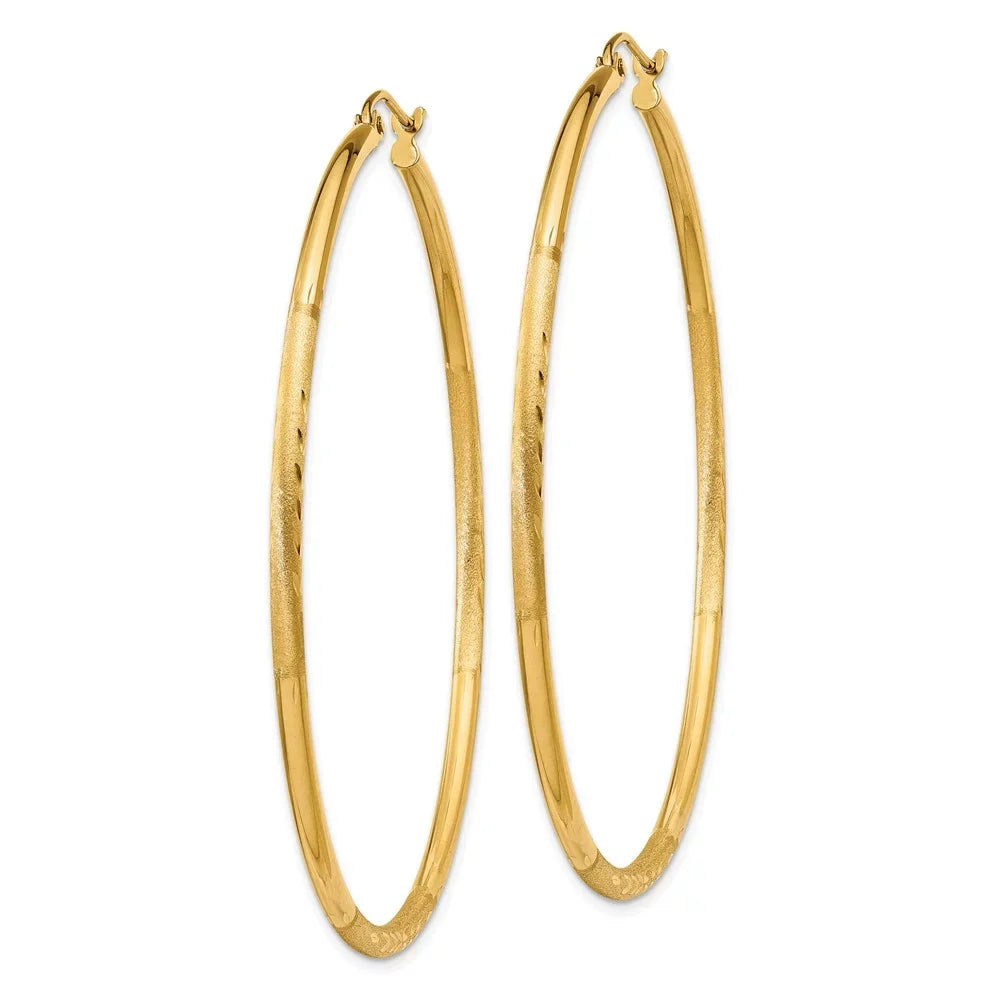 Real 14kt Yellow Gold Sizeatin and Diamond-cut 2mm Round Tube Hoop Earrings; for Adults and Teens; for Women and Men