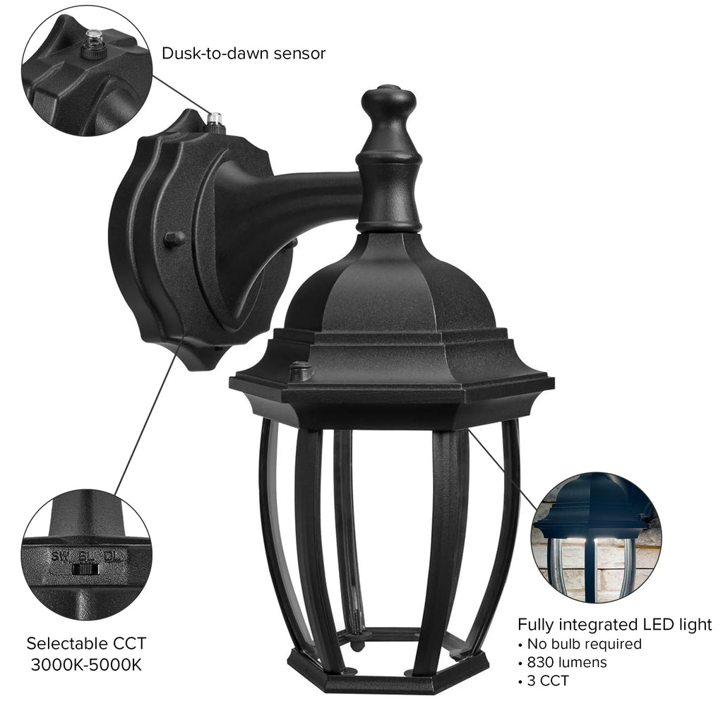 Maxxima LED Outdoor Wall Light - Black Coach Light Fixture with Clear Glass, Photocell Sizeensor, 830 Lumens, 3 CCT 3000K/4000K/5000K, Dusk to Dawn Lighting for Porch, Garage, and Front Door