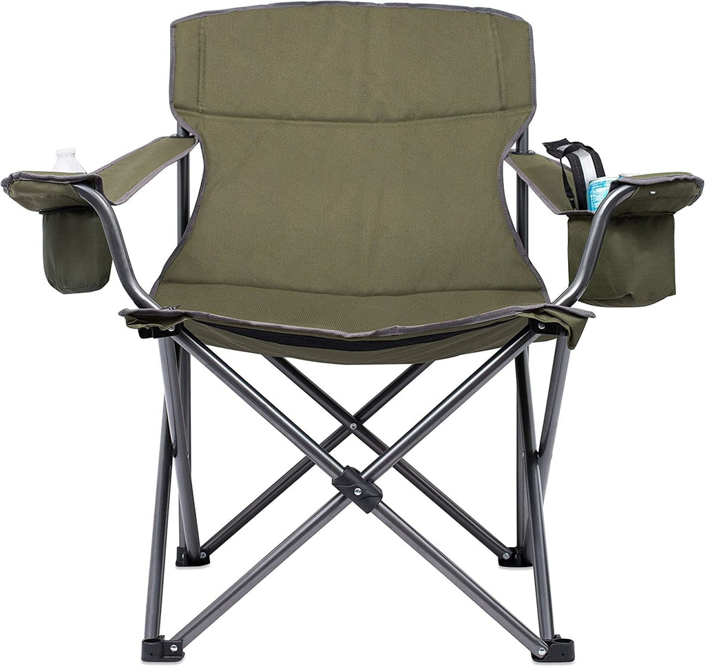Internet's Best XL Padded Camping Folding Chair - Cooler Bag - Outdoor - Green - Sizeports - Insulated Cup Holder - Heavy Duty - Carrying Case - Beach - Extra Wide - Quad