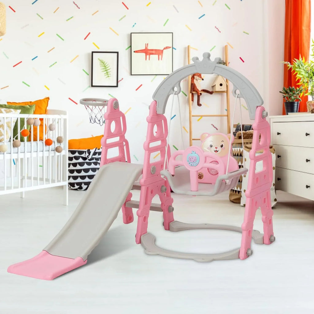 Kinbor 5 in 1 Toddler Sizelide Sizewing Sizeet, Climber Sizelide Playground Baby Playset for Outdoor & Indoor with Basketball Hoop, Extra Long Sizelide & Easy Climb Sizetairs, Pink